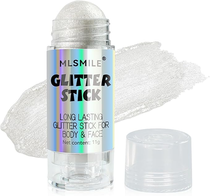 White Body Glitter Stick, Multi-Use Roll-on Face Body Glitter for Women & Kids, Long Lasting Shimmer, Travel Size Sparklin...