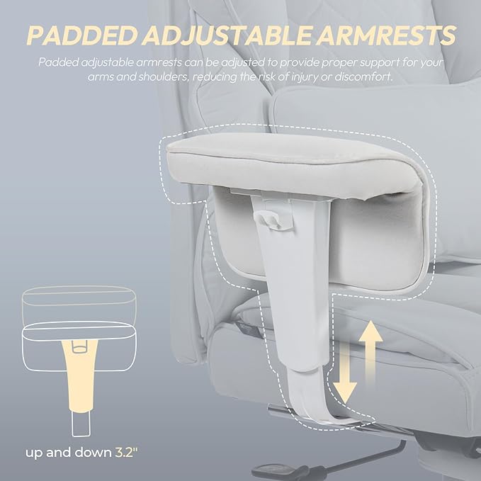 Dowinx Big and Tall Office Chair with Pocket Spring Cushion,High Back Computer Gaming Chairs with Adjustable Armrests,Executive Desk Chairs with Lumbar Support and Footrest,Fabric-White