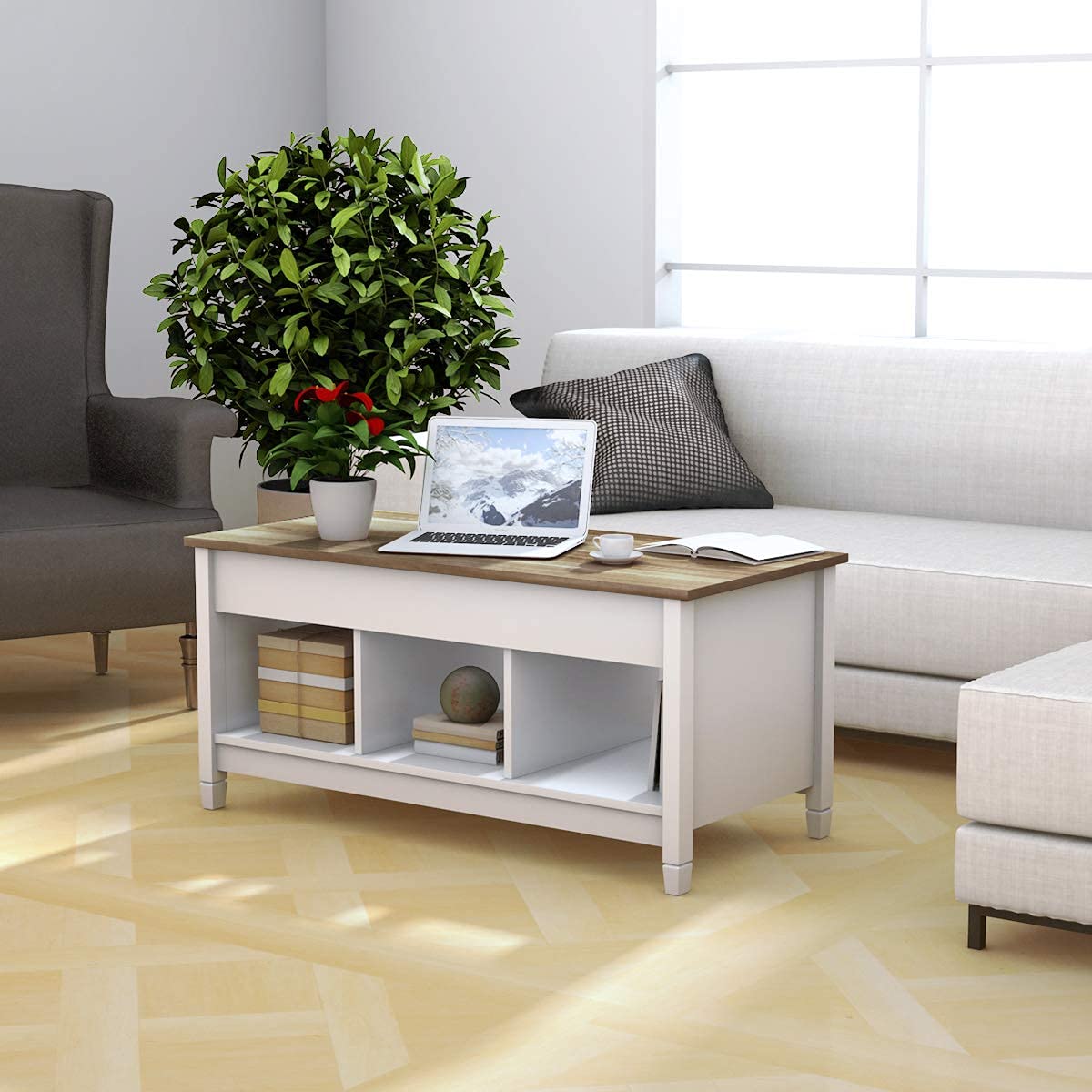 Tangkula Wood Lift Top Coffee Table, Modern Tea Storage with Hidden Compartment and Open Storage Shelf for Living Room Office Reception Room, Lift Center Table (White)