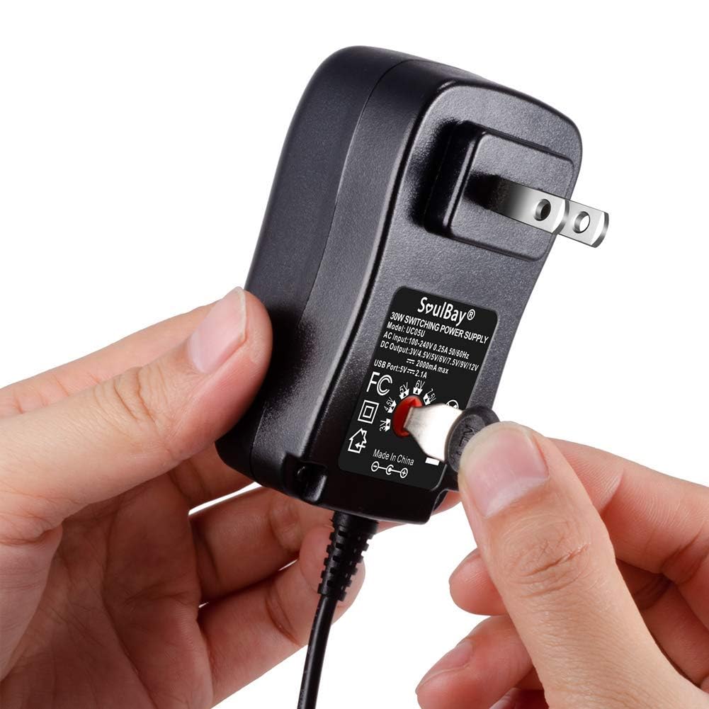 SoulBay 12V Power Supply Universal AC DC Adapter Charger with Adjustable Output 5V 9V 3V 6V 4.5V 7.5V 12 Volt 1A 1.5A 2A for LED Strip Light CCTV Camera BT Speaker GPS Webcam Router, 5 FT Cord, 30W