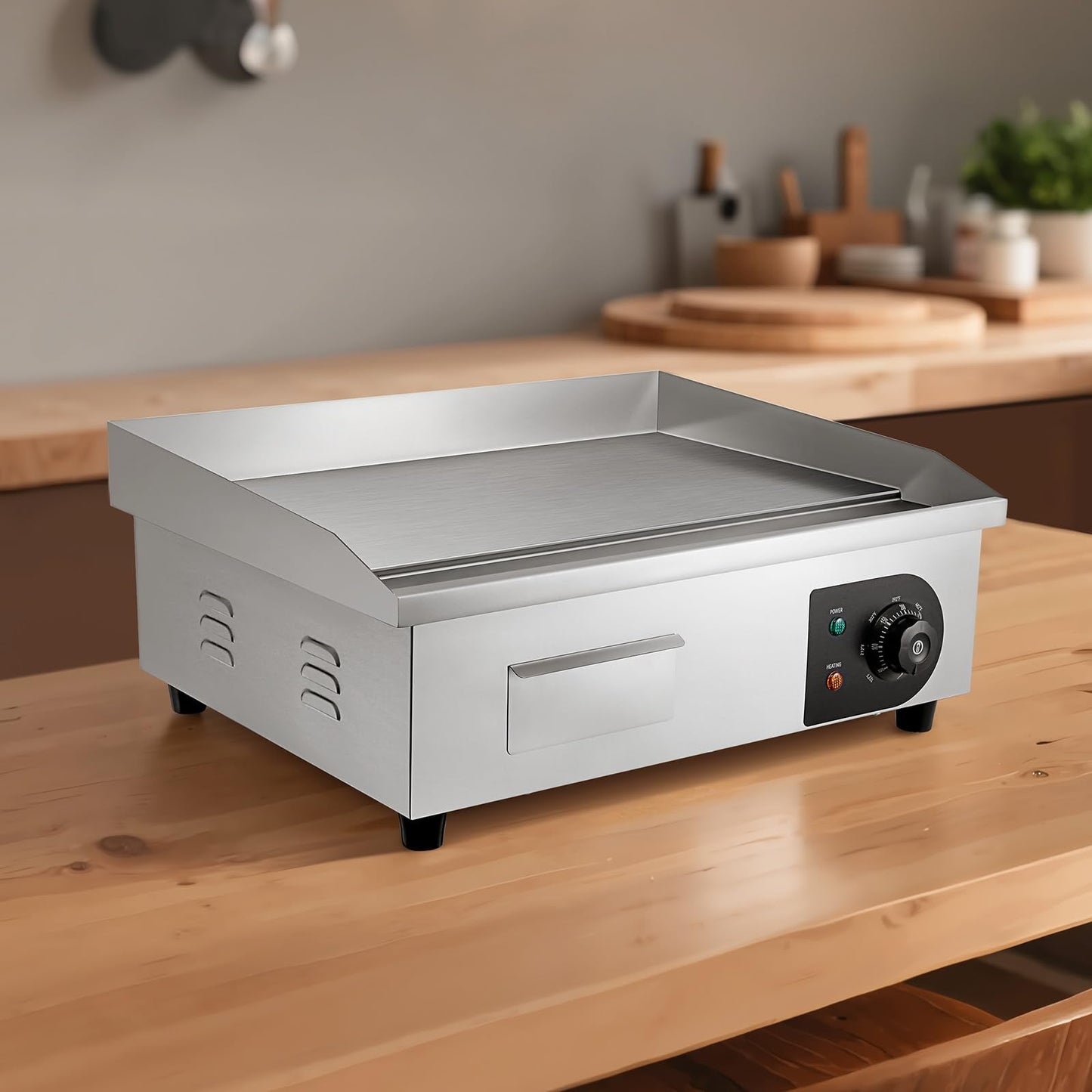 VEVOR Commercial Electric Griddle, 21 x 11.8 inch, 1750W, 122-570°F Adjustable Temp Control, Stainless Steel Countertop Flat Top Grill with 2 Spatulas, 2 Brushes and 4 Foot Pads, for Steak, Pancake
