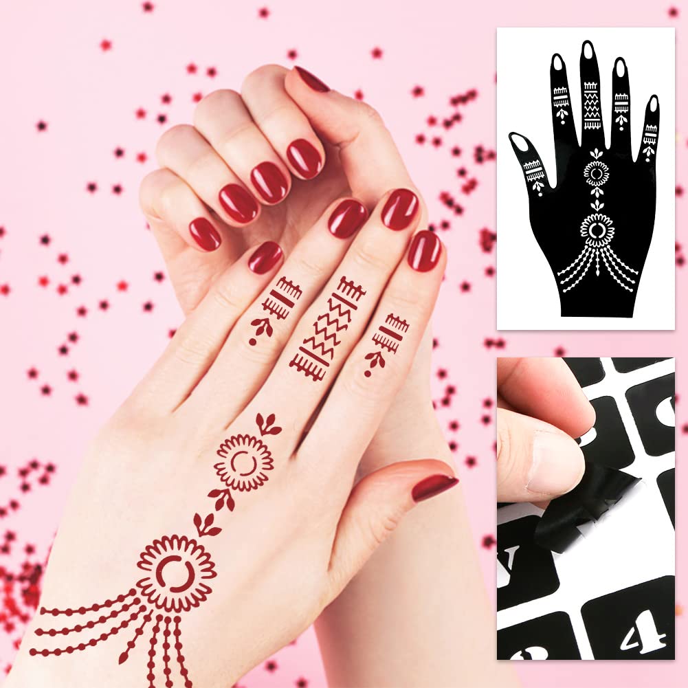 Koogel 18 Sheets Henna Tattoo Stencils, Temporary Flower Patterns Glitter Airbrush Tattoo Kits Arabian Stickers for Women and Gi