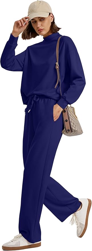 WIHOLL Two Piece Sets for Women Fall Outfits Lounge Sets Mock Neck Tops Wide Leg Pants Vacation Travel Airport Outfits