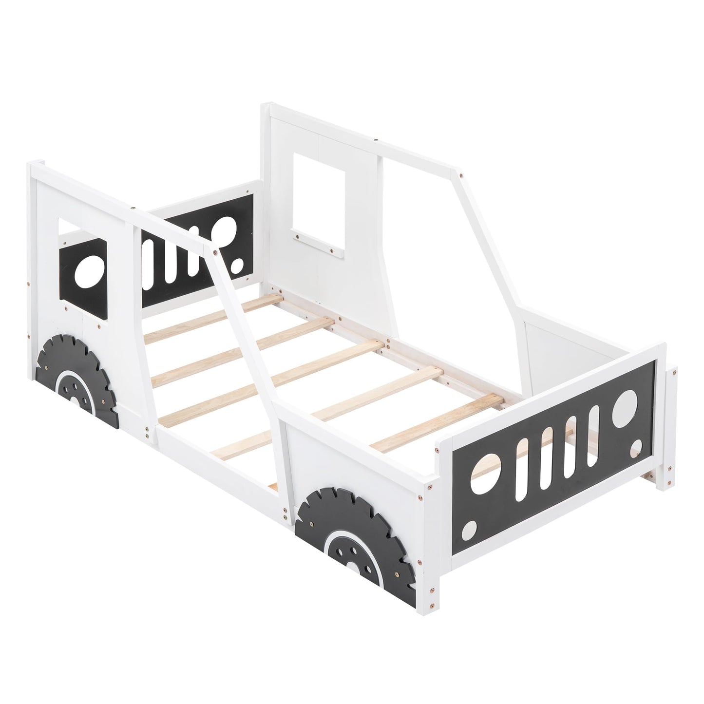 Twin Size Car Bed, Wood Floor Bed Frame with Headboard & Footboard and 4 Side Rails, Kids Racecar Bed for Boys Girls Teens, White