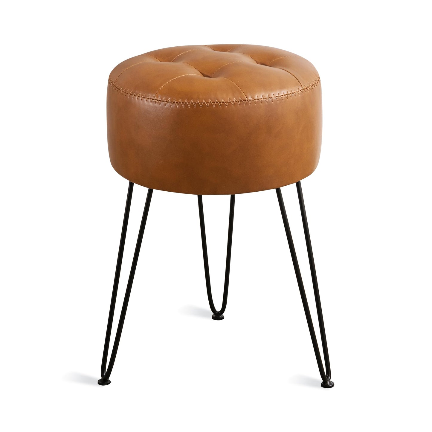 LUE BONA Faux Leather Vanity Stool Chair for Makeup Room,Brown Stool for Vanity,19” Height, Tufted Small Vanity Chair with Metal Legs, Modern Foot Ottoman for Bedroom, Living Room