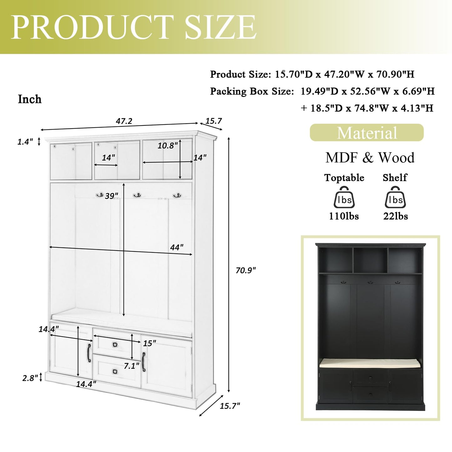 YHAOWORKS Farmhouse Hall Tree with Bench - Entryway Bench with Coat Rack and Storage, Wood Coat Tree Cabinet with Shoe Storage & Stool & Hooks & Door & Drawer for Hallway, Living Room, Mudroom, Black