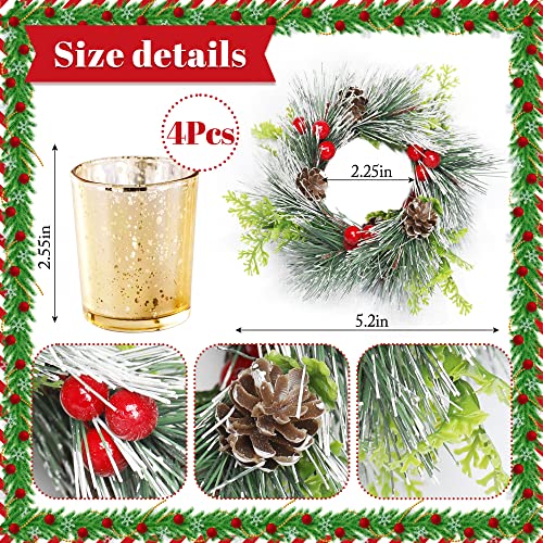 Christmas Candle Ring, 4 Pcs Votive Candle with Red Berry Pinecone, Xmas Ring Candle for Table Centerpiece Decoration Wedd...