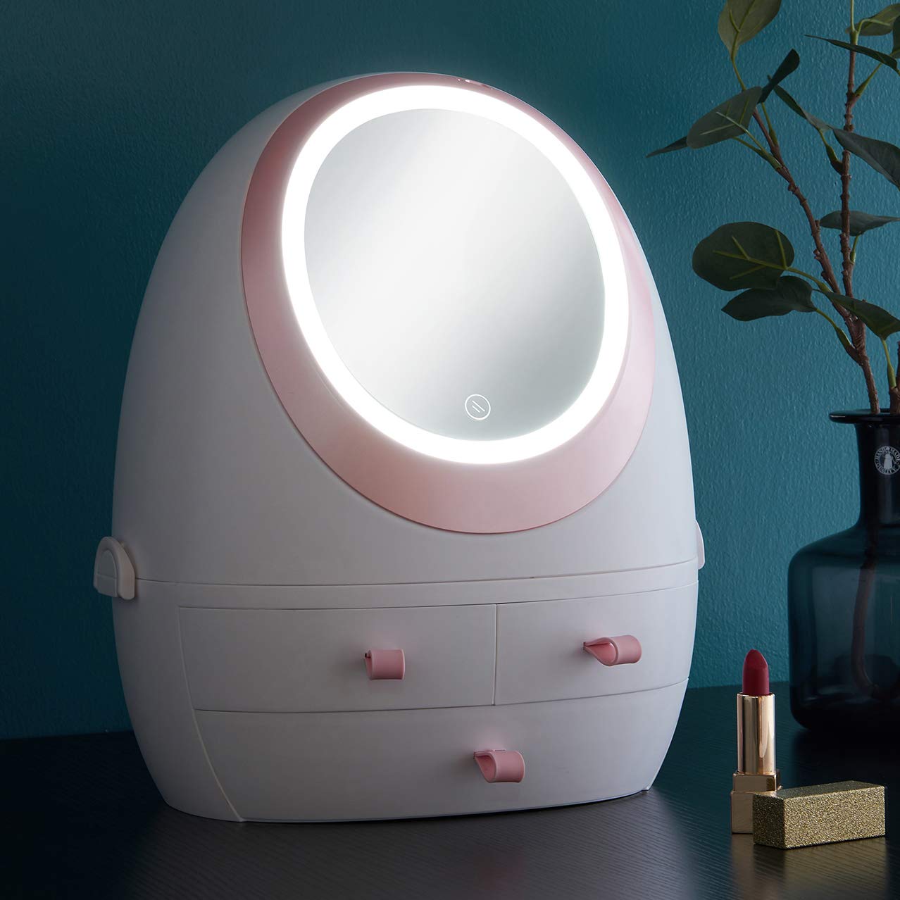 Sooyee Makeup Organizer,Bathroom Counter Organizer, Modern Jewelry and Cosmetic Display Cases with Led Lighted Mirror,Make Up Or