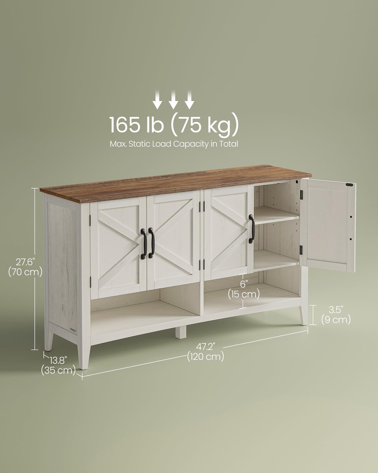 VASAGLE Shoe Cabinet, 3-Tier Shoe Storage Organizer, Farmhouse Freestanding Cabinet with Height-Adjustable Shelf, 13.8 x 47.2 x 27.6 Inches, Entryway, Rustic White ULBC039W01