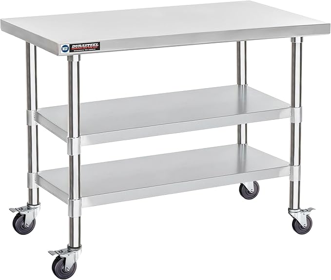 DuraSteel Stainless Steel Work Table 24" x 48" x 34" Height w/ 4 Caster Wheels - Food Prep Commercial Grade Worktable - NSF Certified - Good for Restaurant, Business, Warehouse, Home, Kitchen, Garage