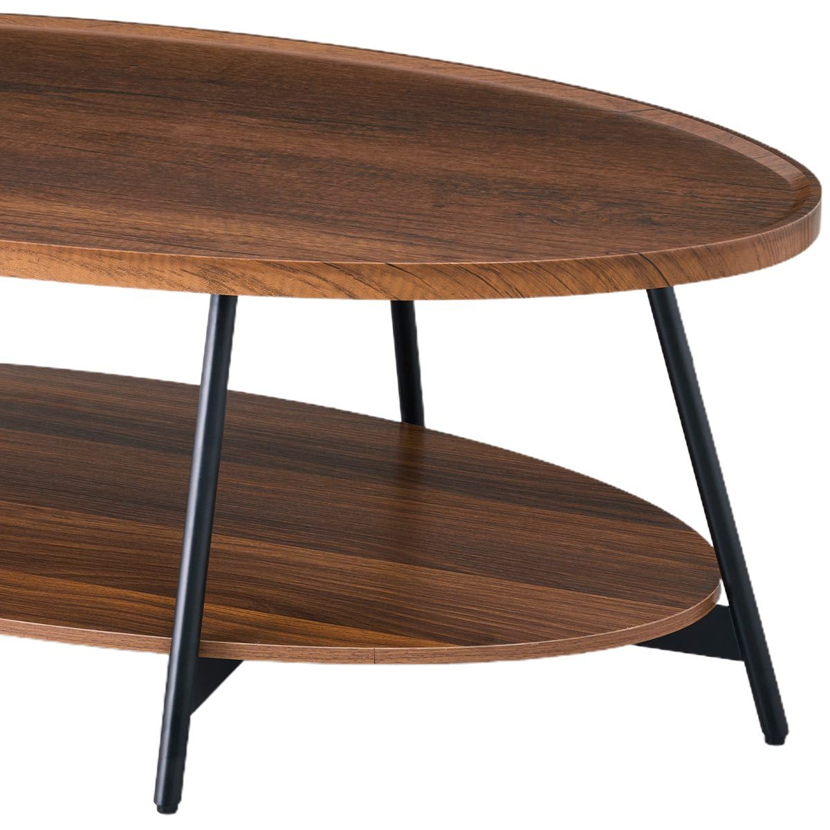 AGV Oval Coffee Table with Shelf Storage, 2-Tier Walnut Wood Finish Center Table for Living Room, Modern Asymmetrical Metal Legs, Raised Edge Sofa Table