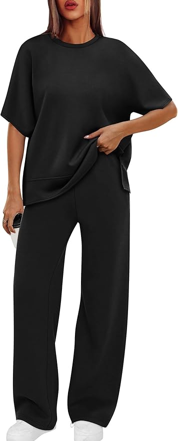 XIEERDUO Women's Side Slit Lounge Sets 2 Piece Travel Outfits Airport Tracksuit Oversized Wide Leg Loungewear S-3XL