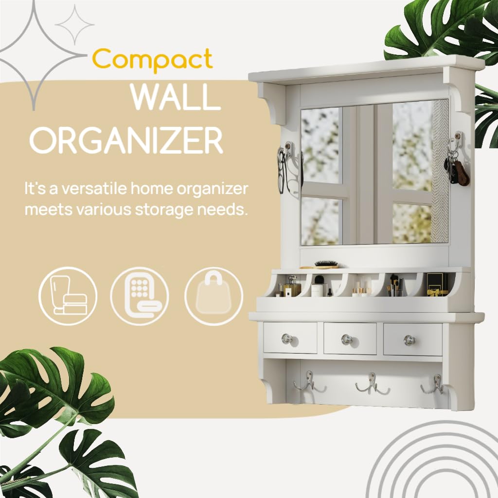 Merax Floating Makeup Vanity with Big Mirror & Hooks & 3 Drawers, Space-Saving Wall-Mounted Storage Vanity Decorative Home Organizer for Small Space Beauty Salon Station, White