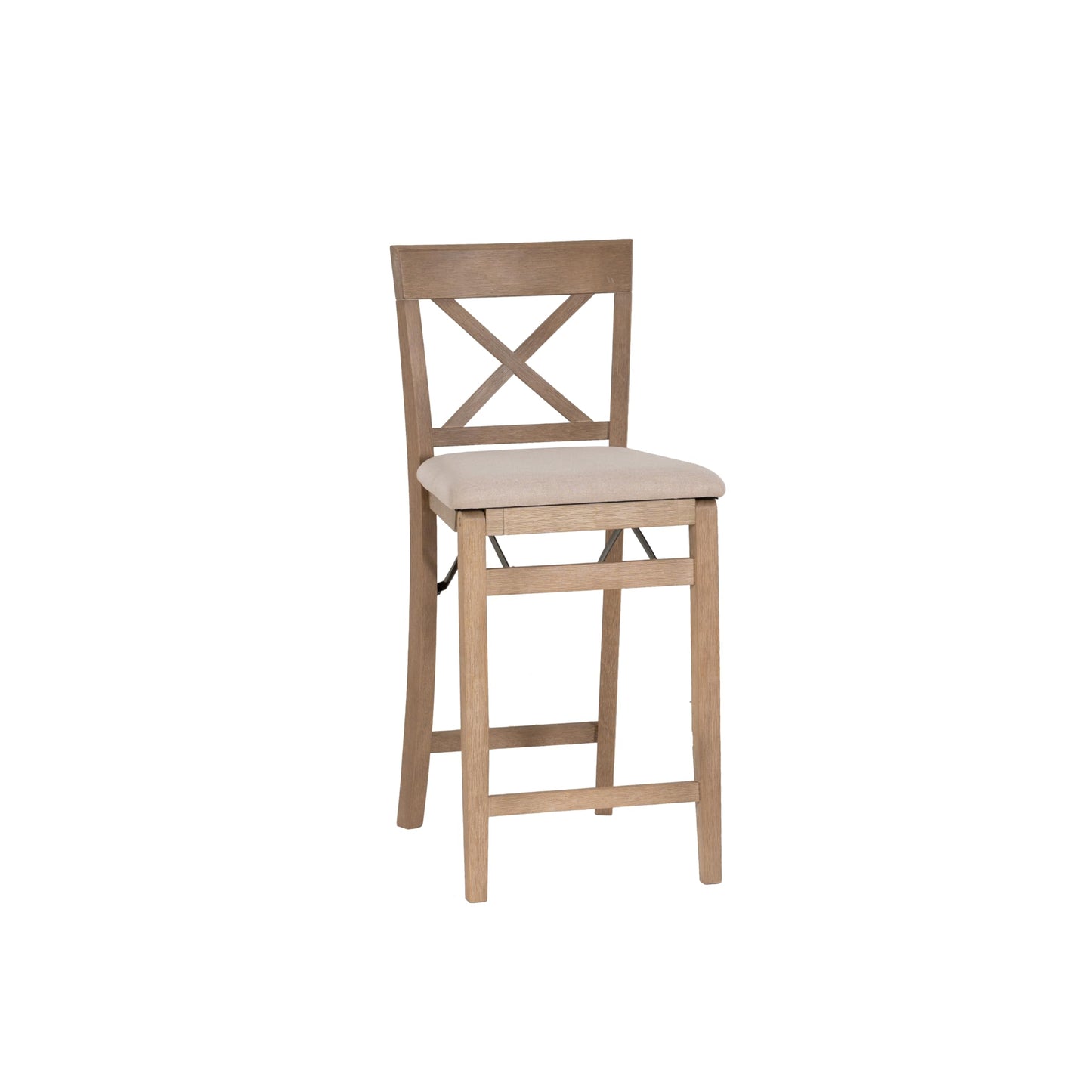 Linon Triena X Back Neutral Greywash Wooden Fully Assembled Folding 24 Inch Seat Height Counter Stool with Beige Upholstered Seat