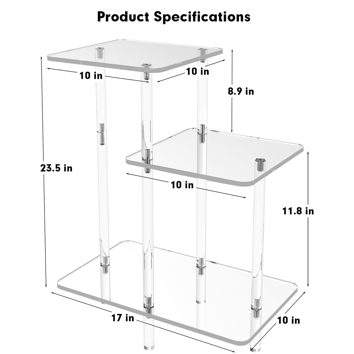 DigDozer 3 Tiers Acrylic Side Table, Square Step End Table, Clear Acrylic Nightstand for Living Room, Bedroom, Hallway (17" L x 10" W x 23.6" H, Square)