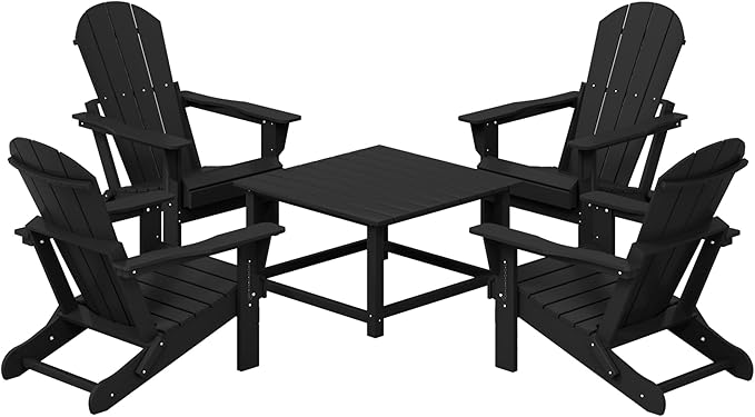 Costaelm Patio Conversation Set, 5 Piece Balcony Furniture, Small Patio Firepit Furniture Outdoor Adirondack Square Coffee Table and Chair for Backyard Lawn Porch Pool Garden, Black