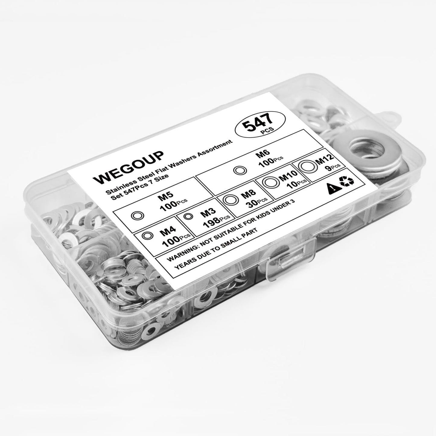 Kviceo Stainless Steel Flat Washers Assortment, 18-8 (304) Stainless Steel Metric Washers, 547-Piece Set (M3, M4, M5, M6, M8, M10, M12) with Plastic Storage Case