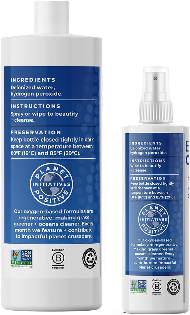 Essential Oxygen, Food Grade Hydrogen Peroxide, 8 + 32 fl oz, Natural Cleaner, 3%, 1 - 8 fl oz spray and 1 - 32 fl oz bottle, Refill, HP (Pack of 2)