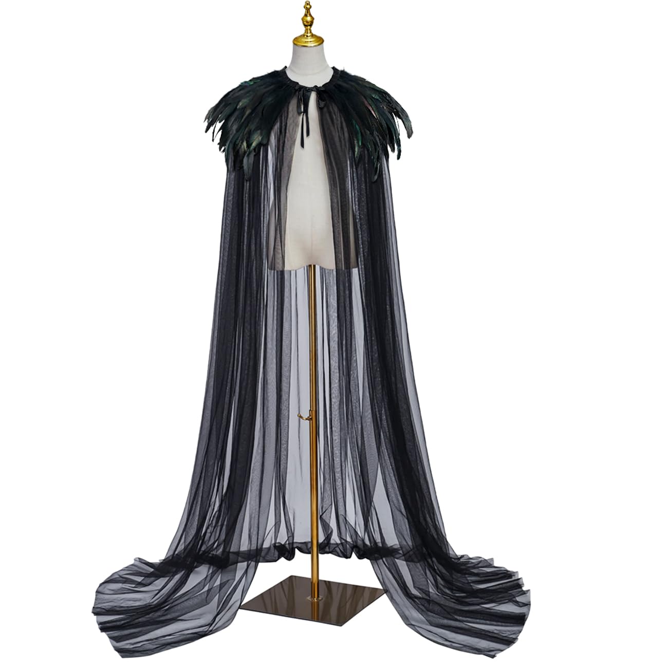 L'VOW Women Black Feather Cloak Gothic Feather Collar Tulle Cape Vampire Cloak Witches Cape Cosplay Costume