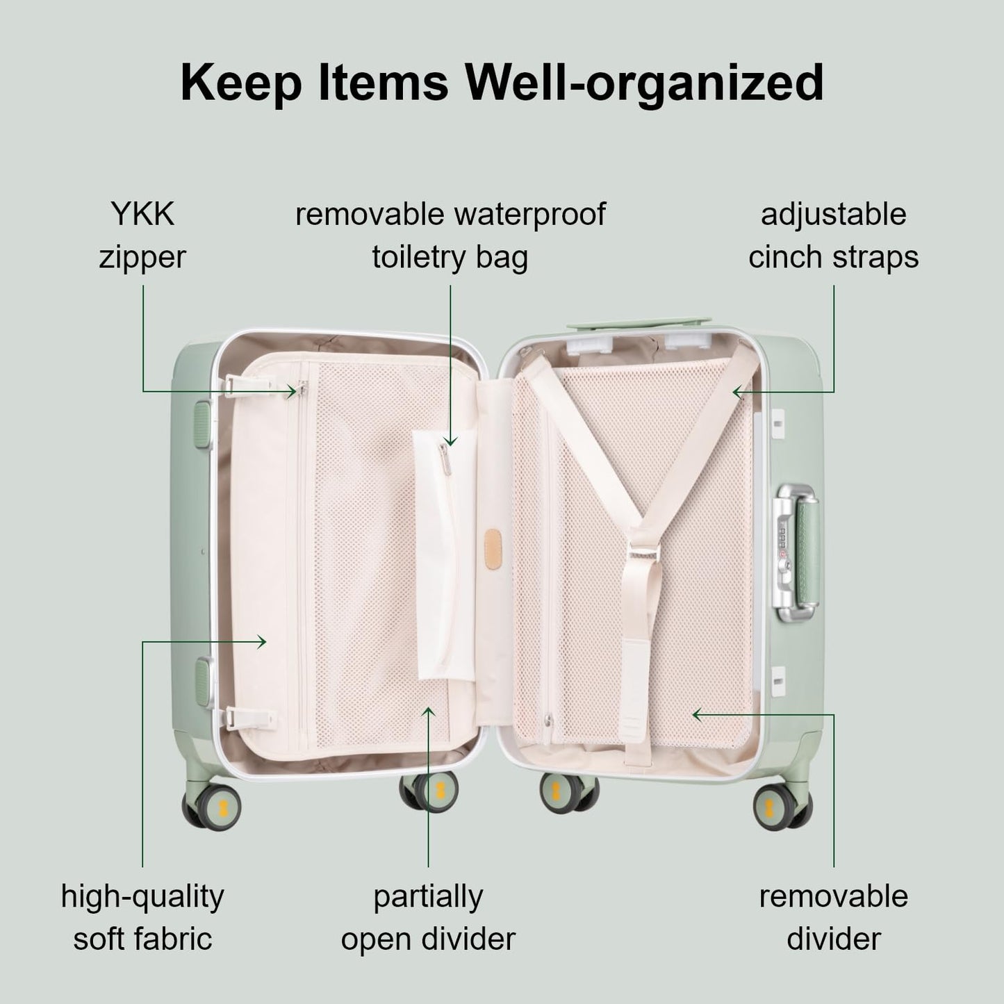 LEVEL8 Zipperless Carry On Luggage Airline Approved with Aluminum Frame, Cute Hardside Suitcase with Spinner Wheels, Metal Rolling Travel Case with Tsa Locks, 20 Inch, Light Green