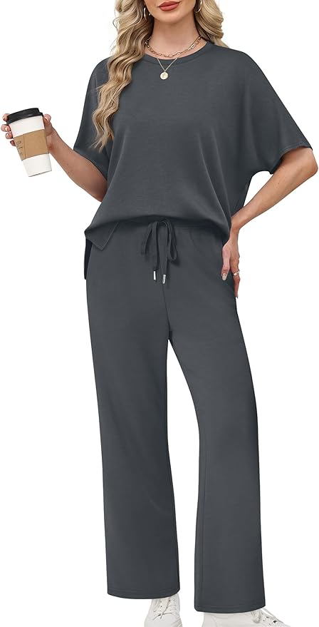 XIEERDUO Women's Side Slit Lounge Sets 2 Piece Travel Outfits Airport Tracksuit Oversized Wide Leg Loungewear S-3XL