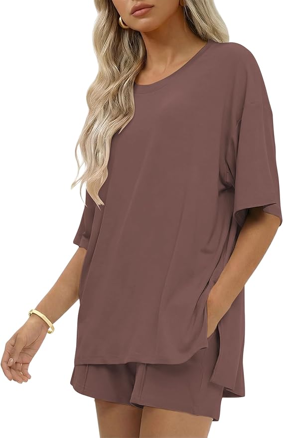 Ekouaer Womens 100% Cotton 2 Pieces Short Sets Summer Short Sleeve Outfits Casual Maching Lounge Set with Pockets