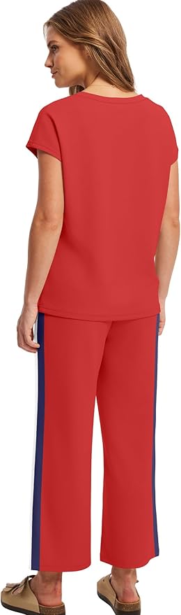 Saloogoe Two Piece Sets for Women Summer Outfits Lounge Sets V Neck Tops Wide Leg Pants Woman Vacation Travel Outfits