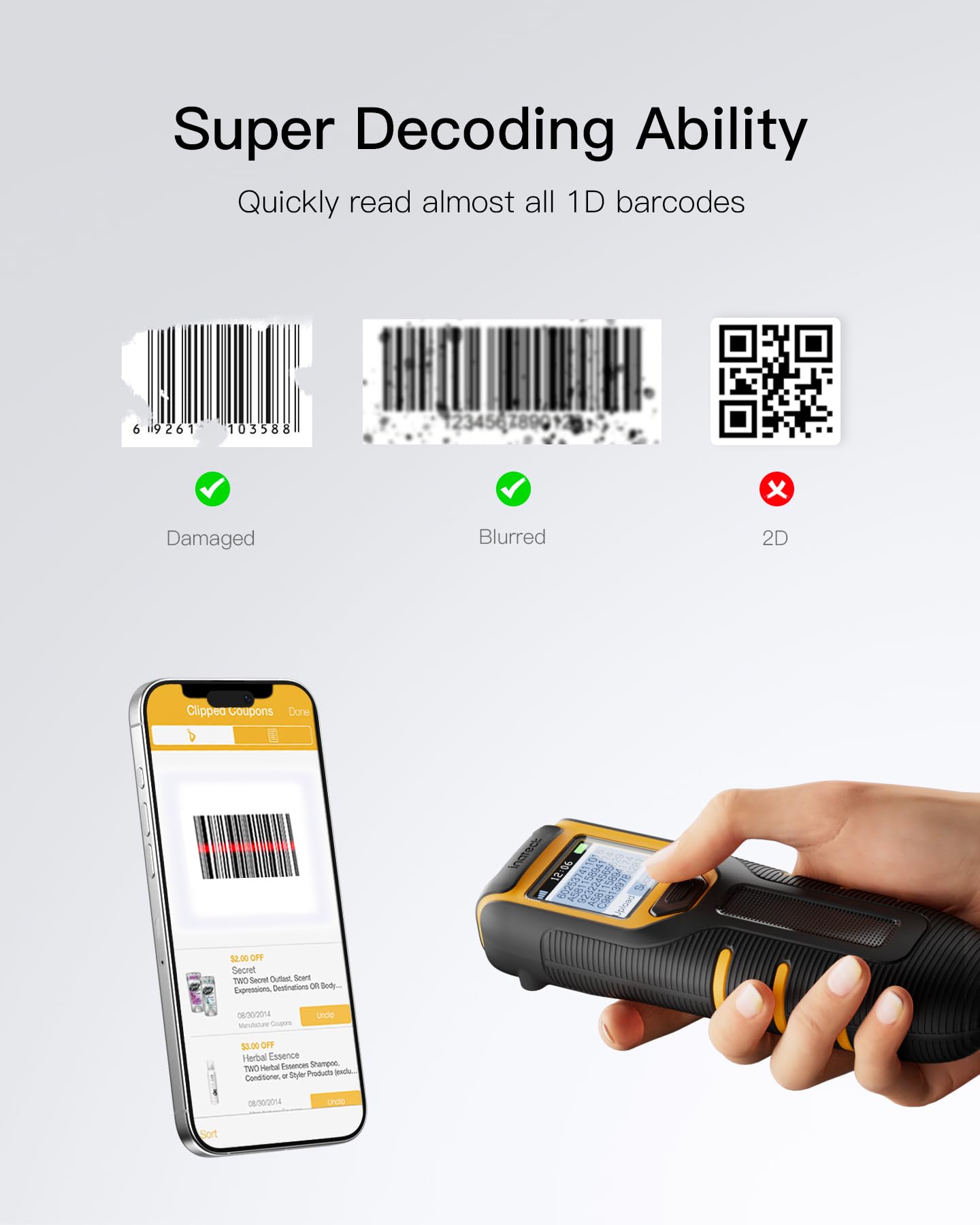 Inateck Barcode Scanner Wireless,Portable Bluetooth Barcode Scanner With Screen,1D Code Scanner Kabellos 2.4Ghz,Handscanner With