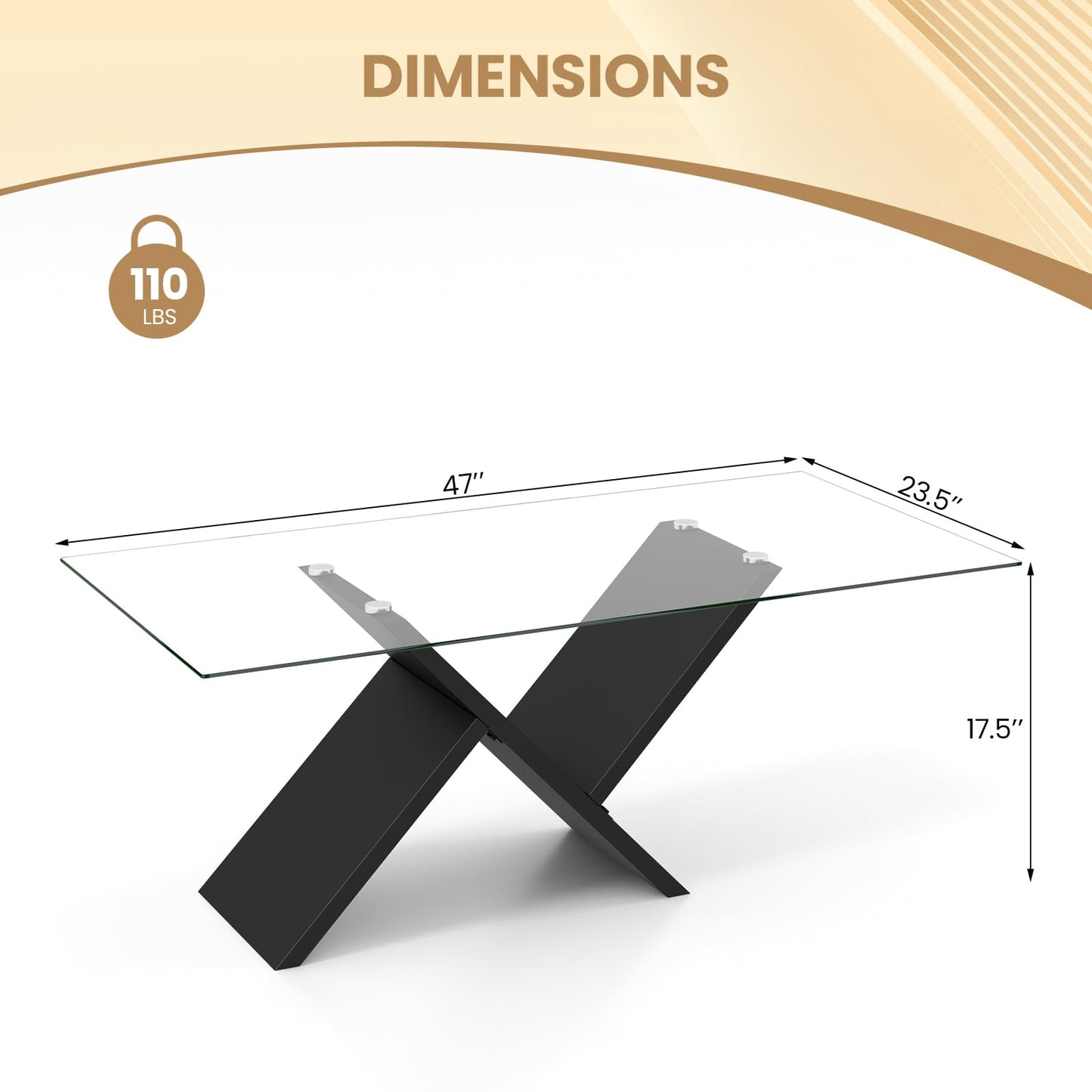 Tangkula Rectangle Glass Coffee Table, 47” Modern Center Table with Tempered Glass Tabletop & Geometric Rubber Wood Frame, Versatile Accent Table for Living Room (Black)