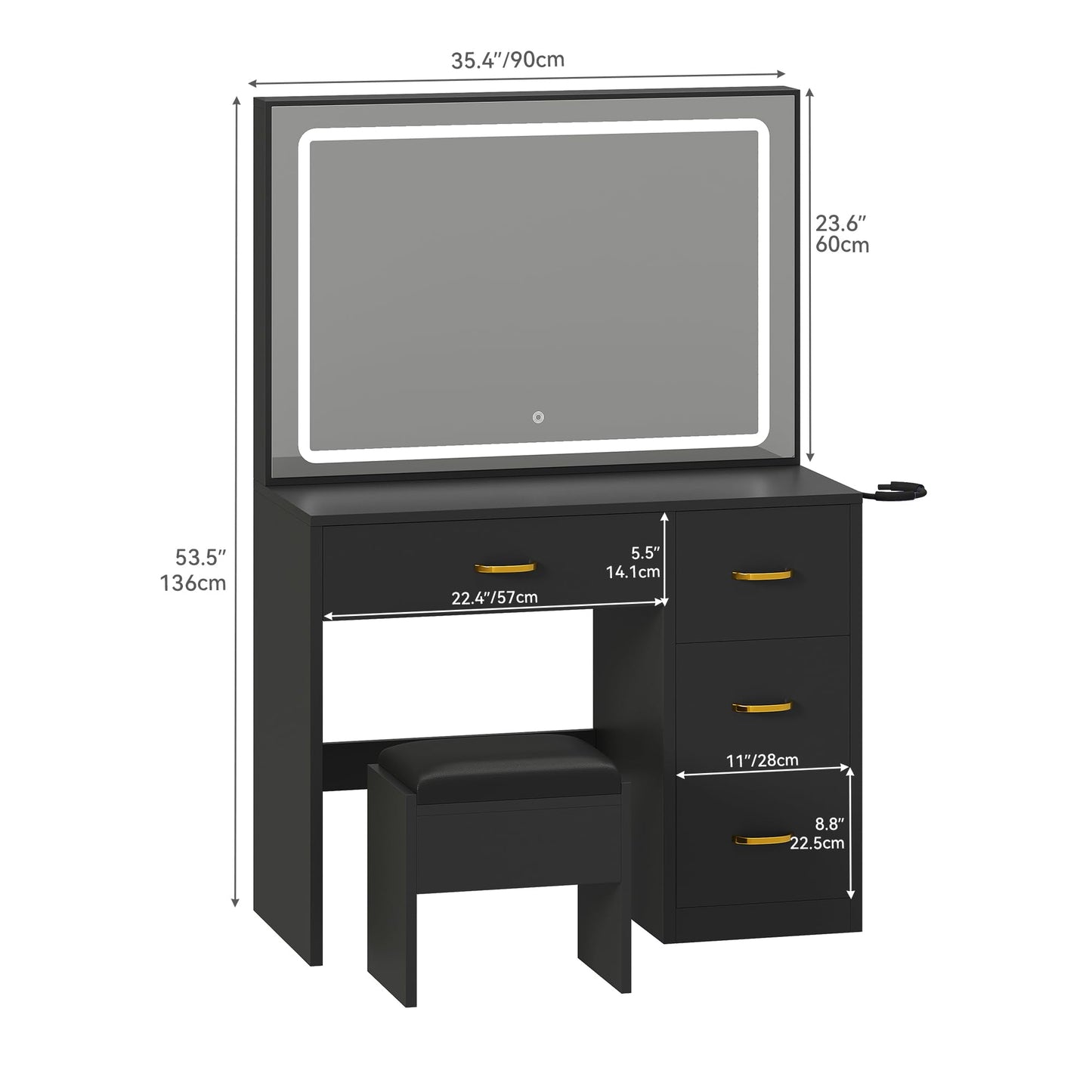 YITAHOME Vanity Desk with Large 35" Mirror and LED Lights, Makeup Vanity Set with 4 Drawers and Stool, Ample Storage & Power Strip, Brightness Adjustable, Dressing Table, Black