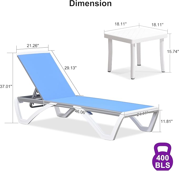 PURPLE LEAF Patio Chaise Lounge Chair Set of 3 Outside Aluminum Plastic Stackable Tanning Chairs for Pool Sunbathing Beach Deck Outdoor Lounger, Royal Blue