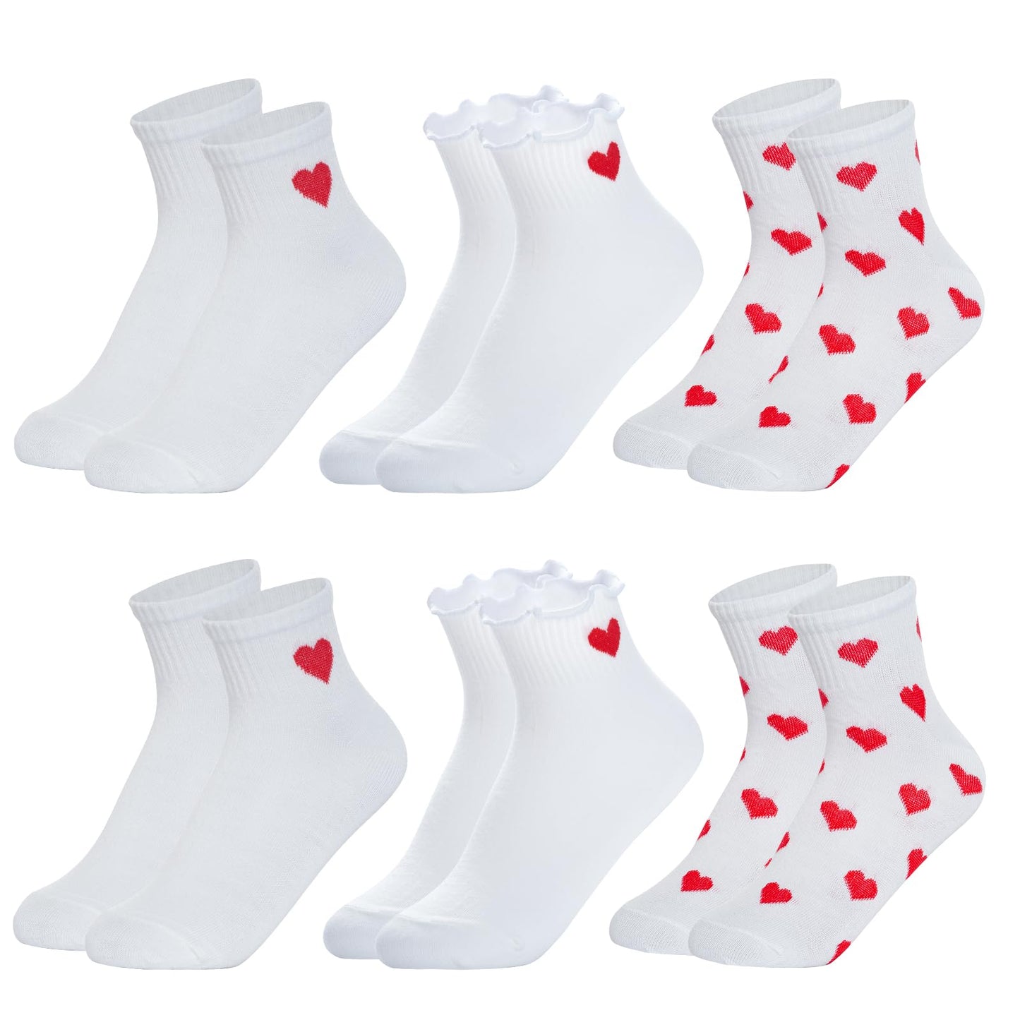phnydreg 6 Pairs Heart Pattern Ankle Socks Red Heart Ruffle Quarter Socks for Women Girls