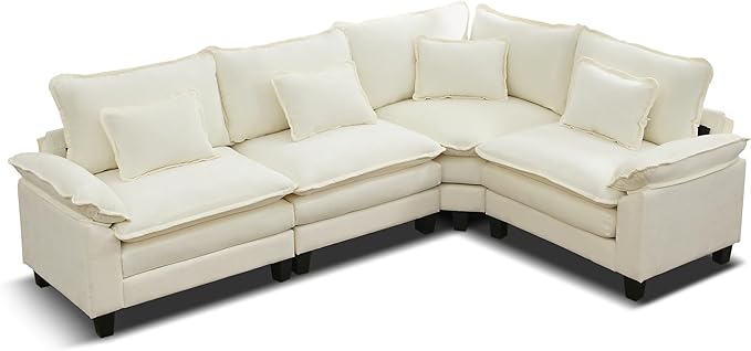 URRED Cloud Couch Modular Sectional Sofa, 116" Modern L Shaped Deep Seat Sofa with Pillows, Ultra Comfy Chenille Corner Couches for Living Room, Bedroom or Apartment, White