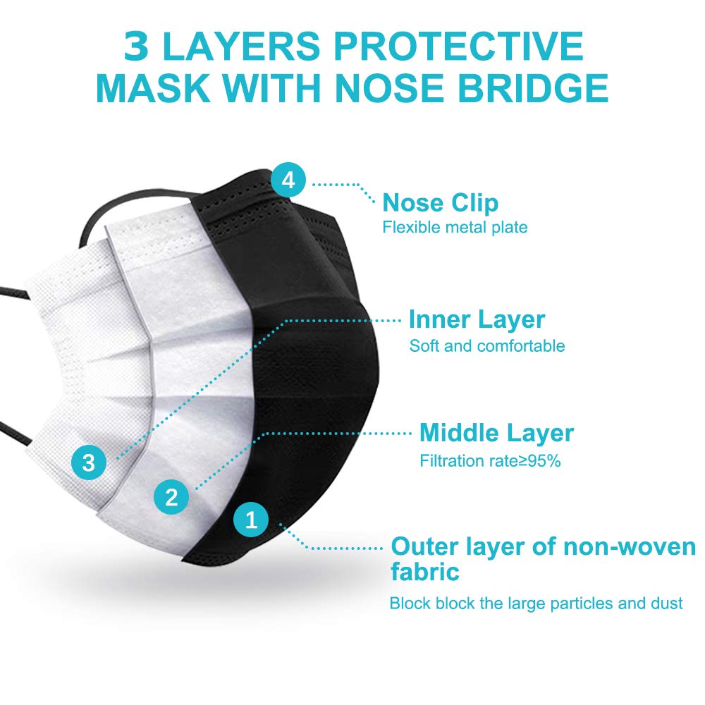 EHH Black Disposable Face Masks, Individually Wrapped, Breathable Face Mask for Men Women, 3- Ply, Comfortable Adult Masks with Adjustable Nose Wire & Elastic Ear Loop 50 Pcs, Black