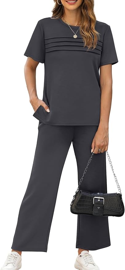 WIHOLL Two Piece Sets for Women Summer Travel Vacation Outfits Short Sleeve Lounge Sets Side Slit Wide Leg Pants S-3XL