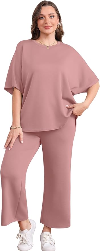 Sampeel Two Piece Sets for Women Summer Outfits Oversized Wide Leg Crop Pants Lounge Sets Airport Beach Vacation Clothes
