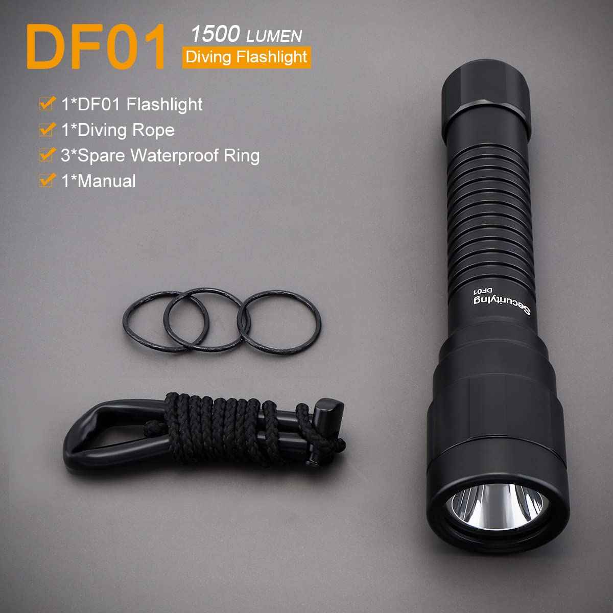 SecurityIng DF01 Scuba Diving Light, 1500 Lumens Mechanical Twist On/Off Underwater 150M Recreational Technical Diving Safety Flashlight, 9 Degrees Narrow Beam IP68 Waterproof Submarine Dive Torch