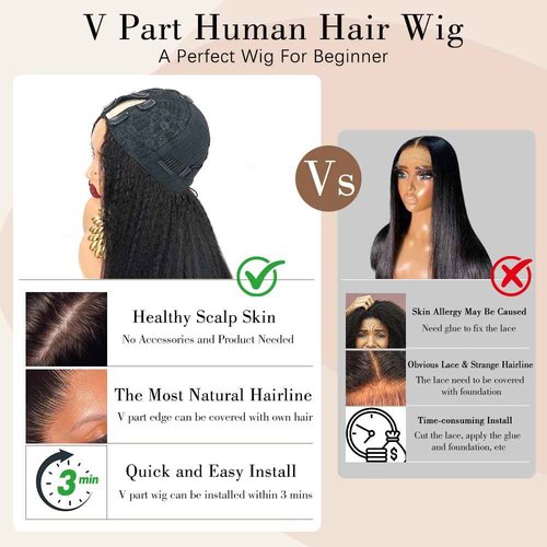 Goulus Kinky Straight V Part Wig Human Hair 14 Inch V Part Wig For Women with Drawstring 180% Density Upgrade Glueless U Part Wig No Leave Out No Sew In Kinky Straight Human Hair Wigs Natural Black