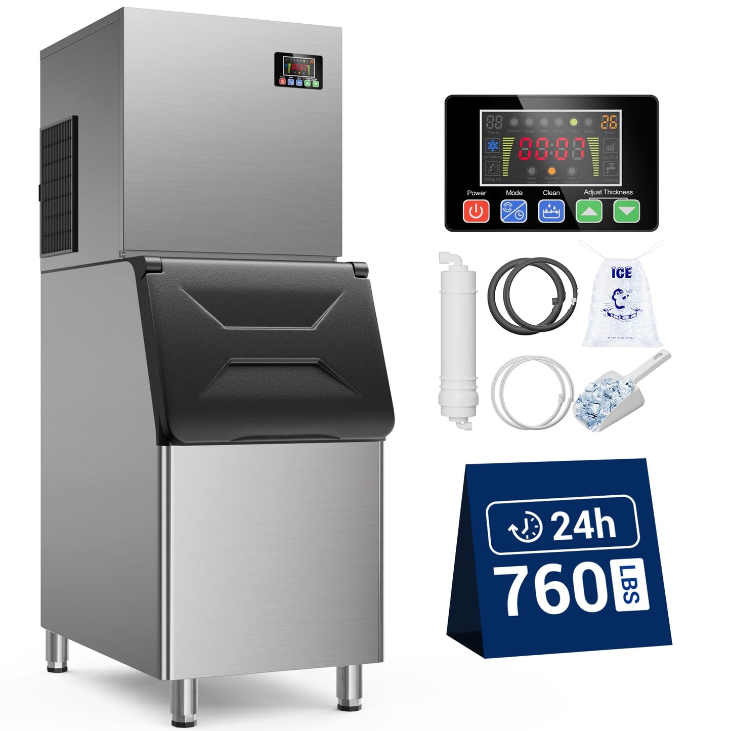 Commercial Ice Maker, 760 LBS/24h with 560 LBS Storage Bin, 156 Ice Cubes Ready in 5-15 min, Self Cleaning Stainless Steel Industrial Ice Machine for Bar Restaurant Cafe