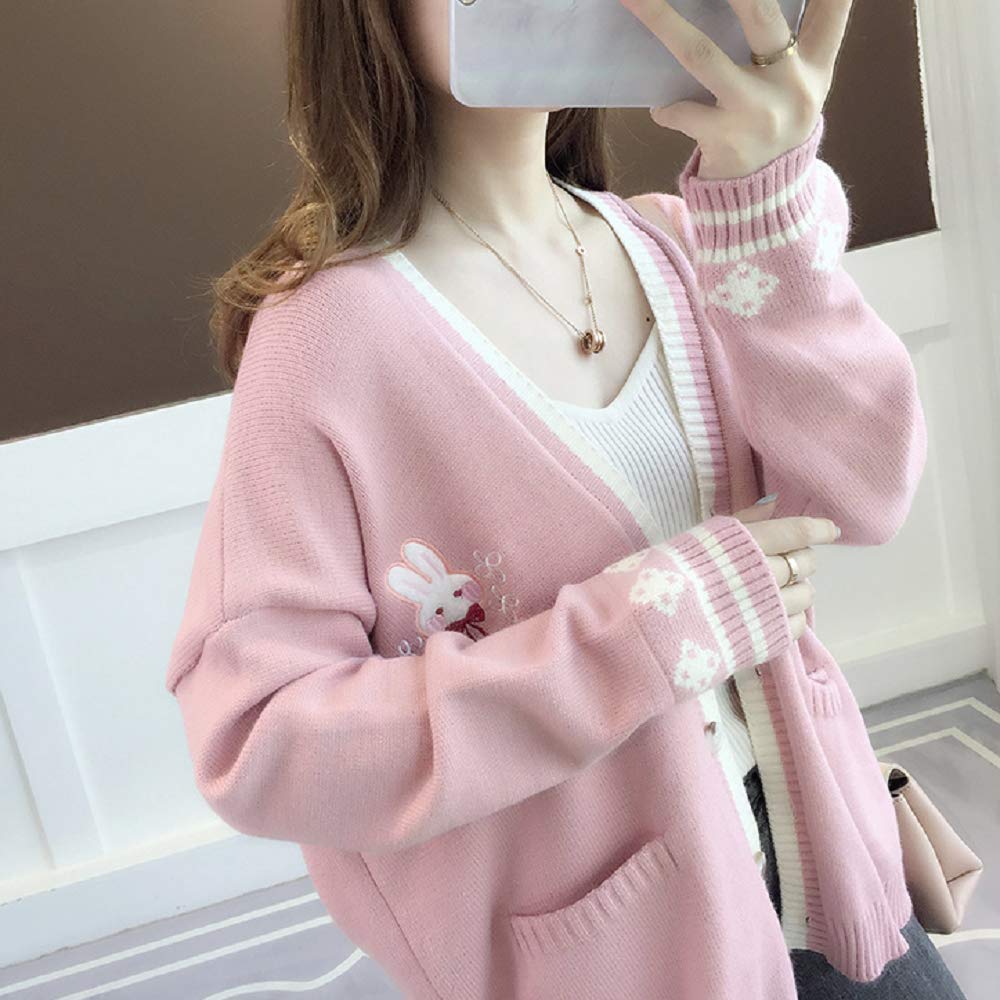 GK-O Mori Girl Kawaii Rabbit Japan JK Uniform Knit Cardigan Sweater Girl School Cosplay Sweater Vneck Long Sleeve (Pink)