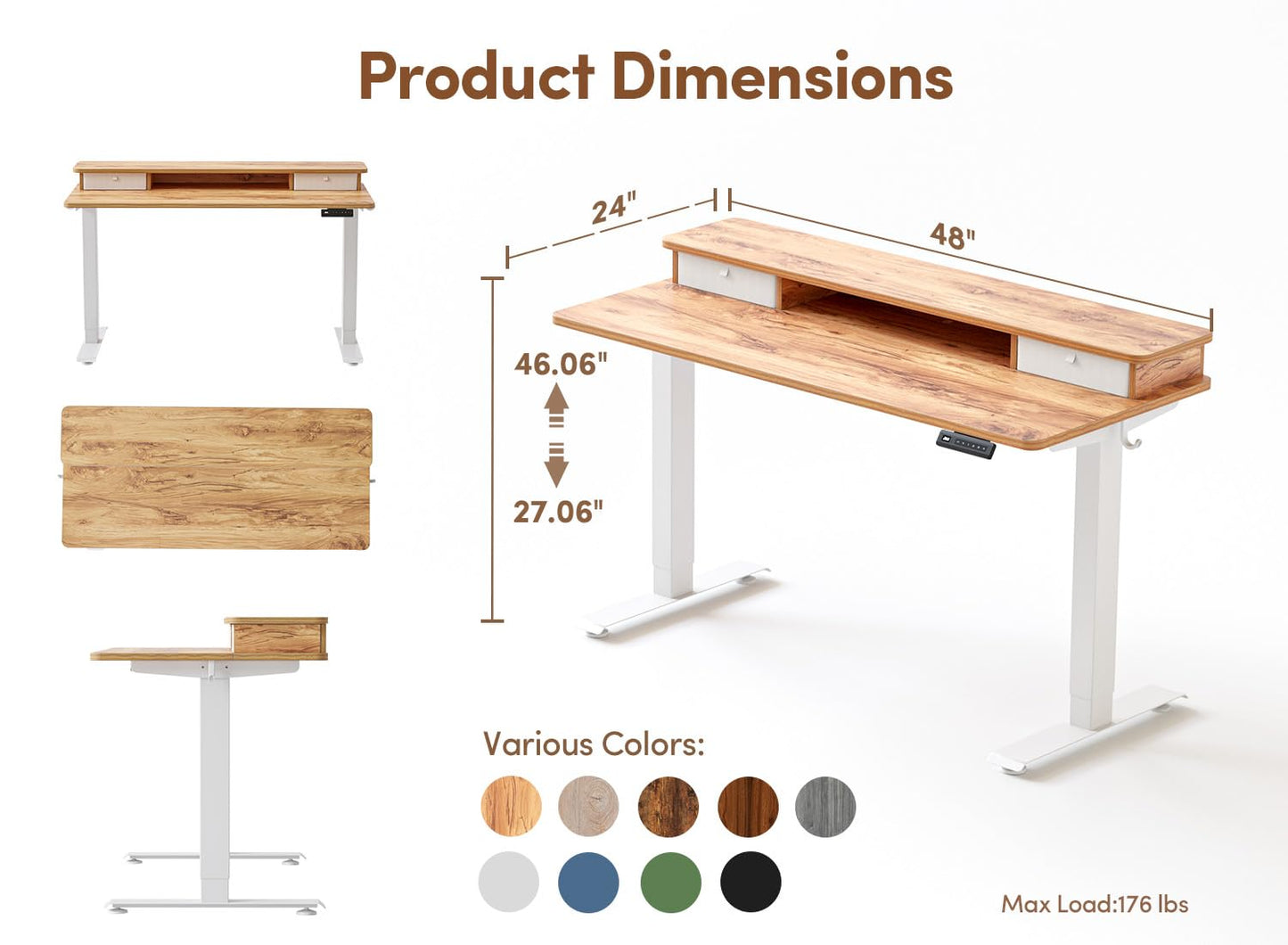 BANTI 48x24 Inch Electric Standing Desk with Dual Drawers, Height Adjustable Stand Up Table, Sit Stand Home Office Desk with Storage Shelf, White Frame/Light Rustic Brown Top