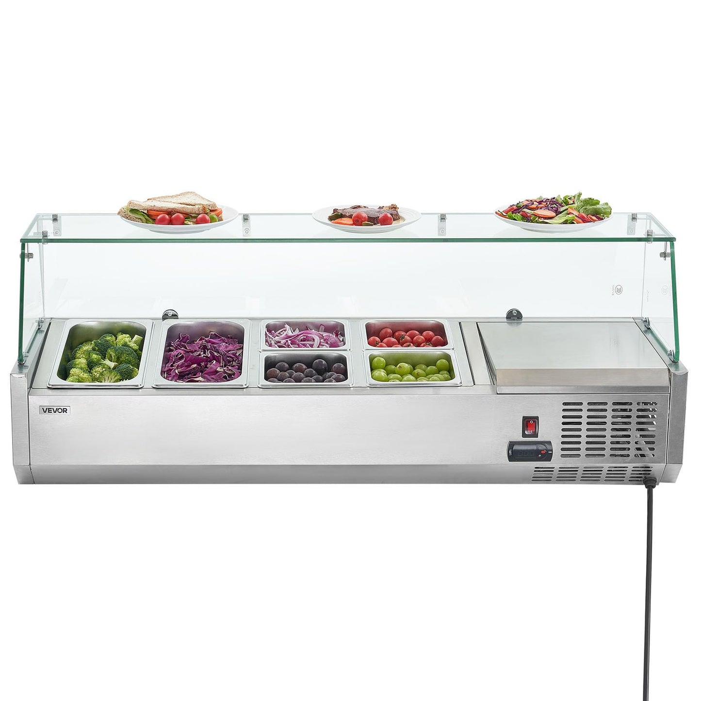 VEVOR Refrigerated Condiment Prep Station, 130 W Countertop Refrigerated Condiment Station, with Two 1/3 Pans & Four 1/6 Pans, 304 Stainless Body and PC Lid, Sandwich Prep Table with Glass Guard