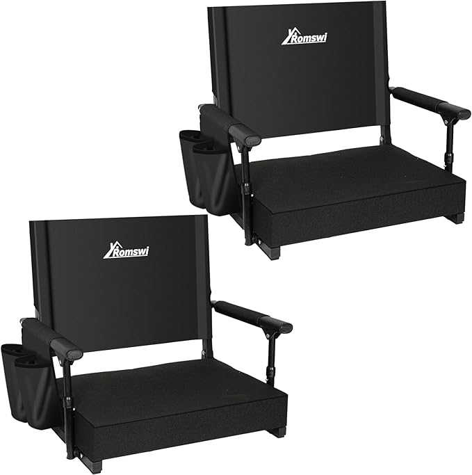 Romswi 2-Pack Stadium Seats with Back Support & Armrests, Lightweight Bleacher Chairs with 2 Cup Holders, Portable for Football Games & Events, Black