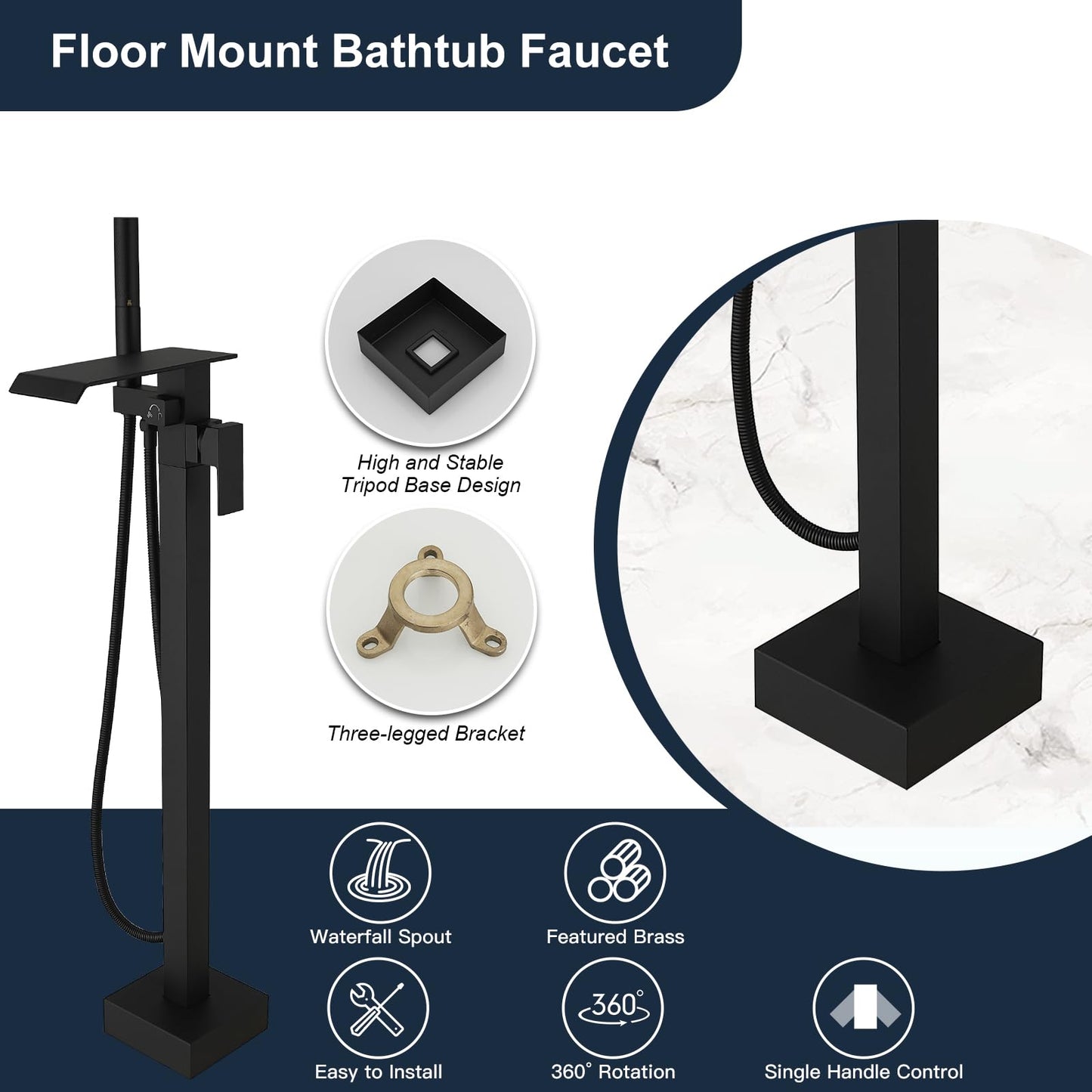 Kroias Matte Black Freestanding Waterfall Bathtub Faucet High Flow Standing Tub Filler Floor Mount Brass Stand Bathtub Filler Single Handle Bathroom Floor Mounted Tub Faucets with Handheld Shower