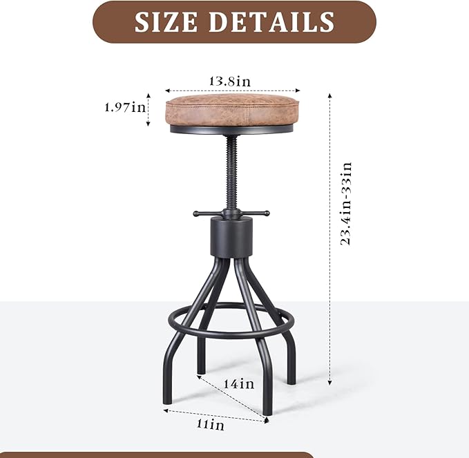 BOKKOLIK Set of 2-Vintage Bar Stool Swivel PU Leather Seat Kitchen Island Workbench Chair Height Adjustable 23-31 inch