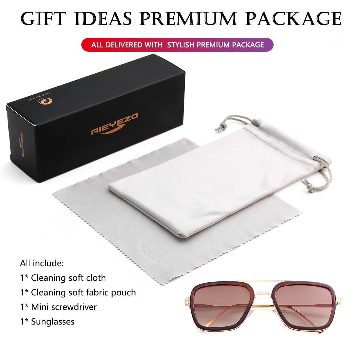 AIEYEZO Tony Stark Sunglasses Vintage Square Metal Frame Eyeglasses for Men Women - Iron Man and Edith Sun Glasses (Gold/Gradient Brown)