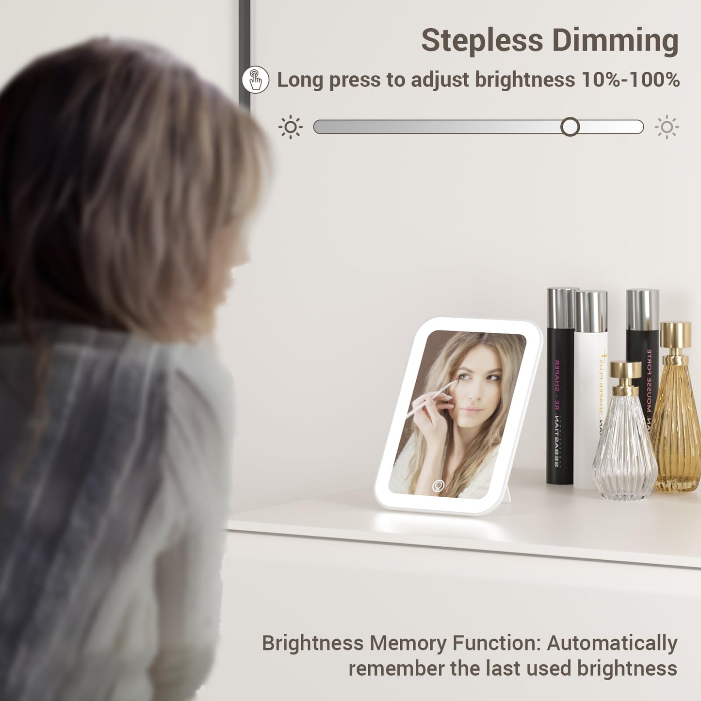 Kintion Travel Makeup Mirror, 6*4.2 Rechargeable Portable LED Lighted Tabletop Vanity Mirror, 3 Colors Touch Dimmable Compact Mi