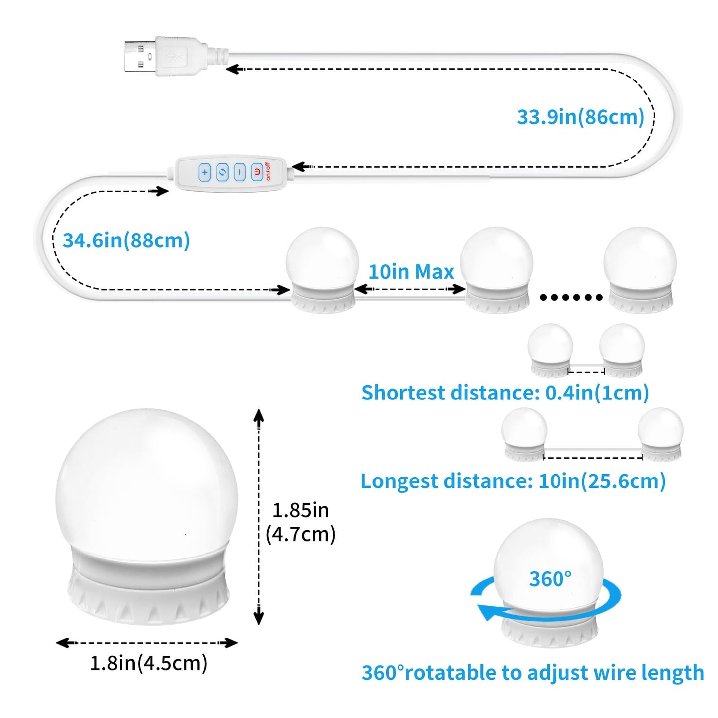 LED Vanity Mirror Lights with 14 Dimmable Bulbs, 3000K 4500K 6500K & 10 Brightness Levels Adjustable, Plug in USB Cable, Hollywood Style Stick On Mirror Lights for Makeup Desk Bathroom Dressing Room