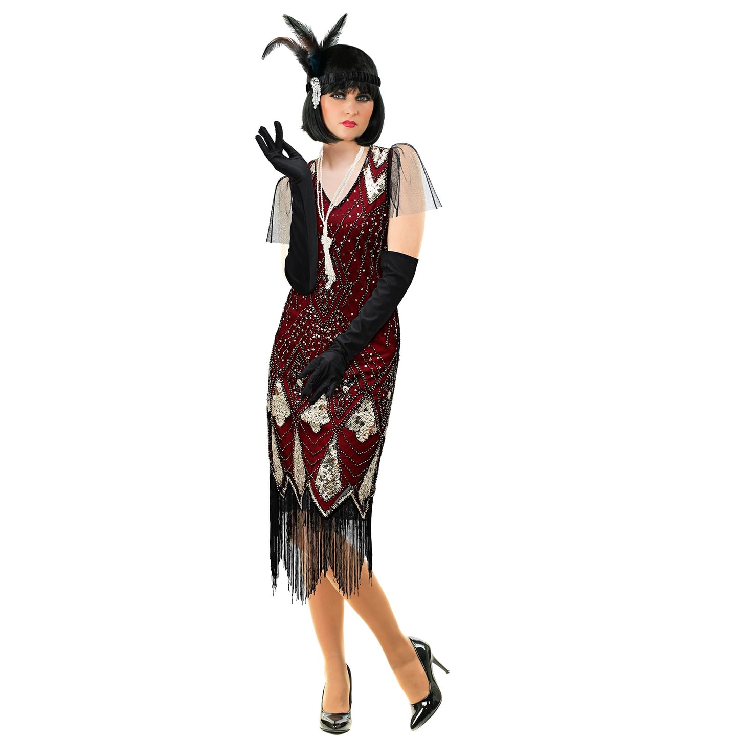 Tisancy 6 Pcs 1920s Flapper Costume Women Dress Roaring 20s Outfit Accessories Set Headwear Earring Necklace Gloves Stick(Small)