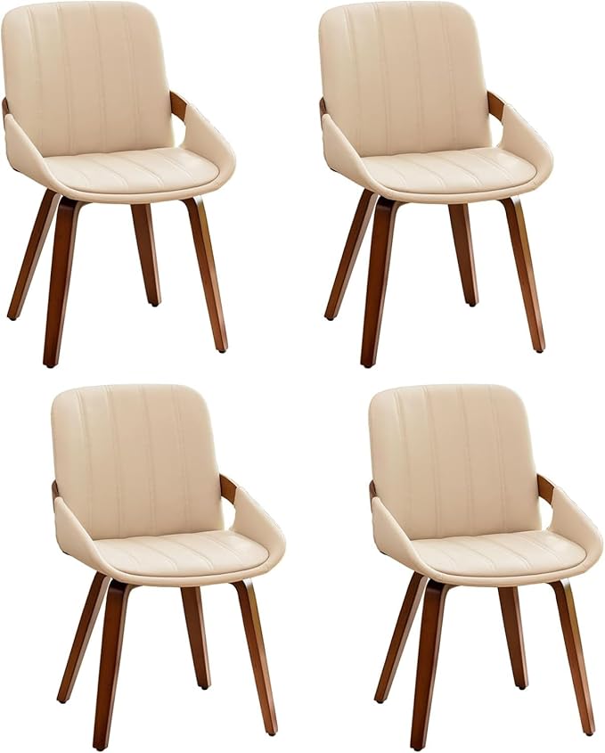 YOUUGIOR Mid Century Modern Faux Leather Upholstered Dining Chairs,Armless Accent Chairs with Sturdy Natural Wood Legs,Bamboo Backrest Support for Kitchen&Dining Room Chairs(Set of 4,Beige)